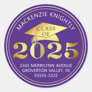 Graduation 2025 Purple Faux Gold Return Address Classic Round Sticker