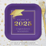 Graduation 2025 Purple Faux Metallic Gold Paper Plate<br><div class="desc">Elegant personalised custom colour CLASS OF 2025 graduation party paper plates with CONGRATULATIONS and your graduate's name accented with a faux metallic gold foil 2025 and graduation cap or mortarboard in your choice of background colour (shown in purple) you can change to a school colour or coordinating party theme colour....</div>
