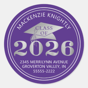 Graduation 2025 Purple Faux Silver Return Address Classic Round Sticker