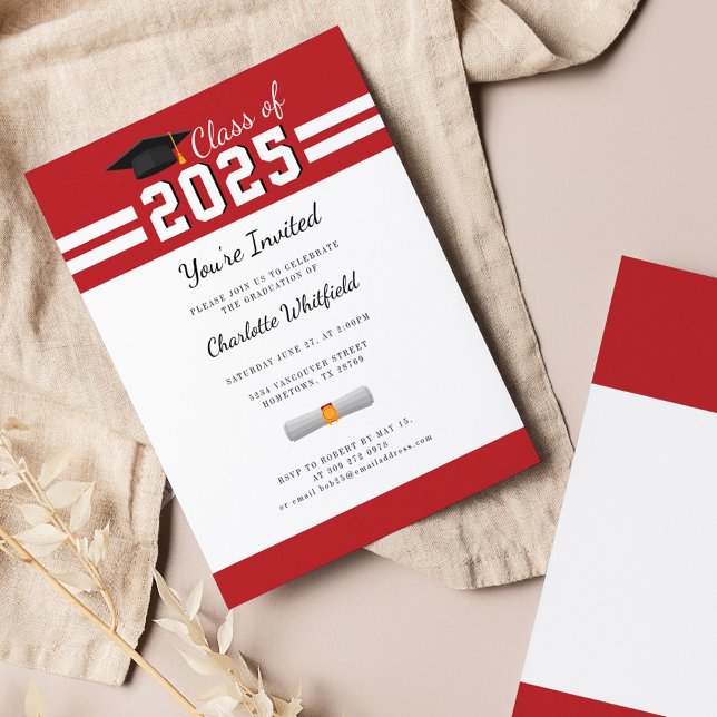 Graduation 2025 Red White Gard Party Invitation (Graduation 2025 Typography Party Red White Invitation)