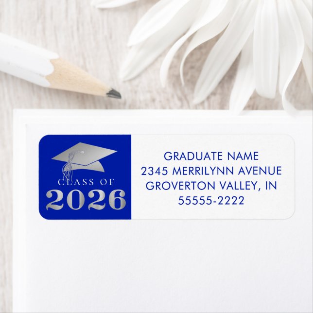  Graduation 2025 Royal Blue Faux Silver Return Address Label (Insitu)