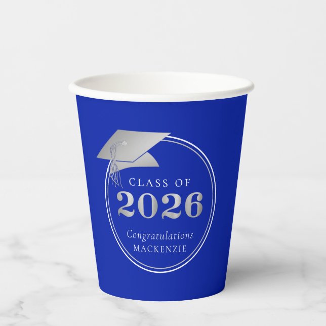 Graduation 2025 Royal Blue Silver Personalised Paper Cups (Front)
