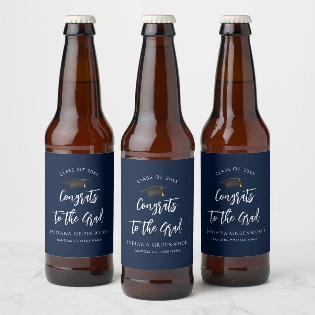Graduation 2025 Script Navy Blue Grad Custom Beer Bottle Label (Bottles)