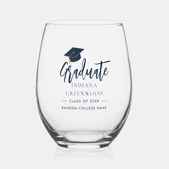 Graduation 2025 Script Navy Blue Personalised Stemless Wine Glass (Front)