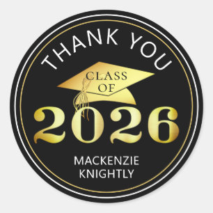 Graduation 2025 Thank You Black Faux Gold Foil Classic Round Sticker