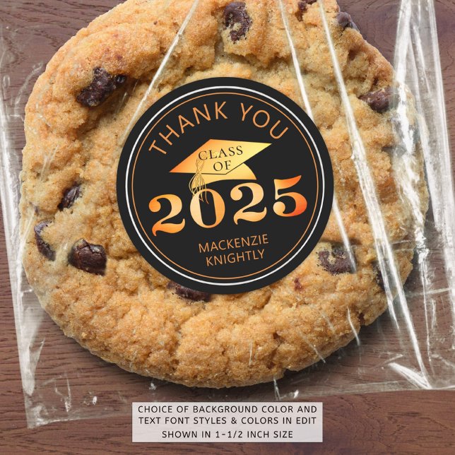 Graduation 2025 Thank You Black Faux Orange Foil Classic Round Sticker (Creator Uploaded)