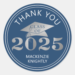 Graduation 2025 Thank You Blue Faux Silver Foil Classic Round Sticker