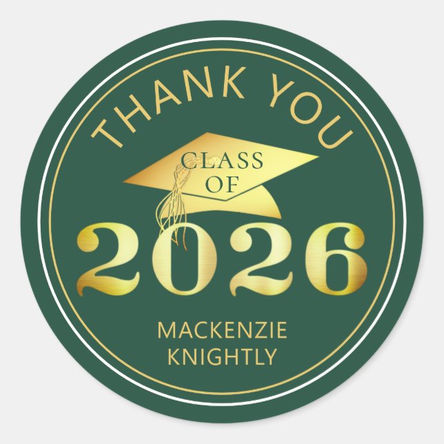 Graduation 2025 Thank You Green Faux Gold Foil Classic Round Sticker (Front)