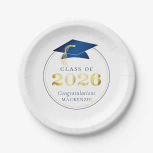 Graduation 2026 Faux Metallic Blue Gold Paper Plate