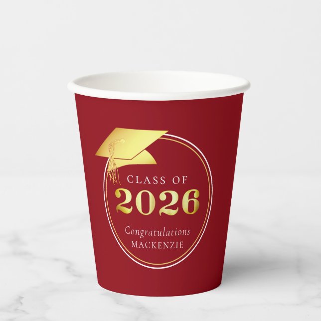 Graduation 2026 Faux Metallic Gold Red Paper Cups (Front)