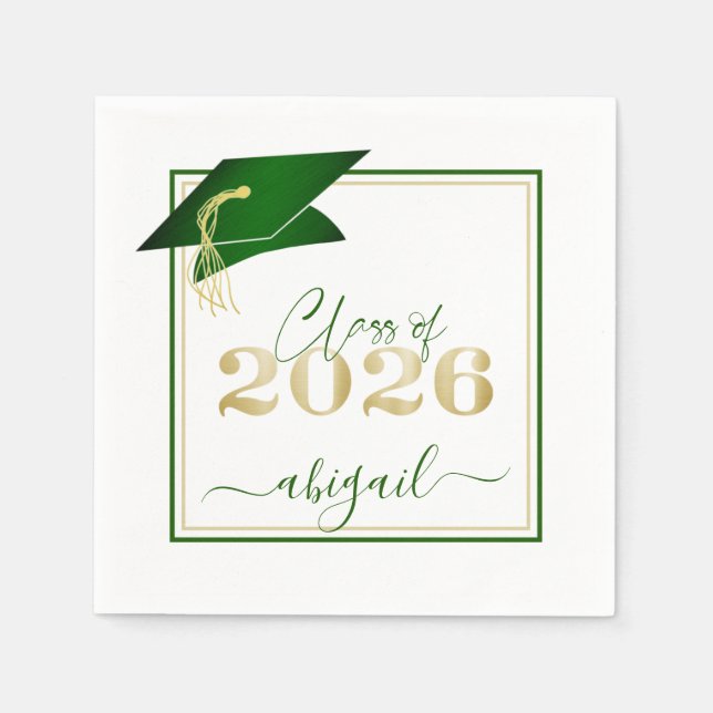 Graduation 2026 Faux Metallic Green Gold Script Napkin (Front)