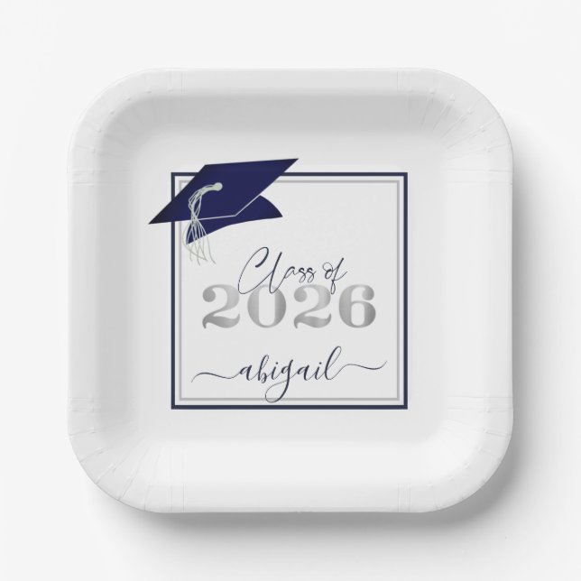 Graduation 2026 Faux Metallic Navy Silver Script Paper Plate (Front)