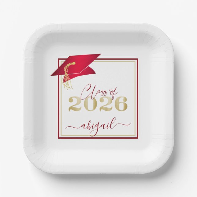 Graduation 2026 Faux Metallic Red Gold Script Paper Plate (Front)