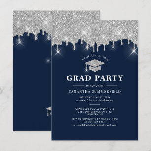 Graduation 2026 Glitter Grad Navy Blue Party Invitation