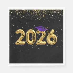 Graduation 2026 Gold Balloons and Purple Cap Napkin
