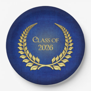 Graduation 2026 Gold Laurel Wreath On Blue  Paper Plate