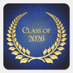 Graduation 2026 Gold Laurel Wreath On Blue Square Sticker