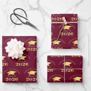 Graduation 2026 Maroon Burgundy Gold Congrats Name Wrapping Paper Sheet