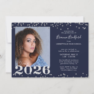 Graduation 2026 Navy Blue Silver Glitter Invitation