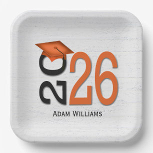Graduation 2026 Orange and Black On Wood Paper Plate