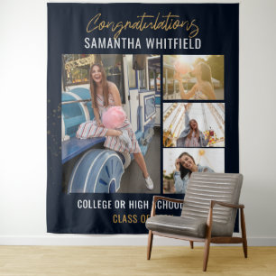 Graduation 2026 Photo Collage Navy Blue Photobooth Tapestry