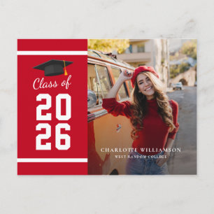 Graduation 2026 Photo Red White Grad Announcement Postcard