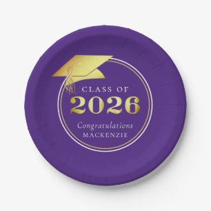Graduation 2026 Purple Faux Metallic Gold Paper Plate