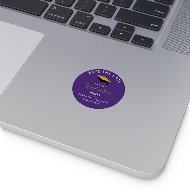 Graduation 2026 Script Save the Date Grad Purple Classic Round Sticker (Graduation Save the Date Purple Sticker)