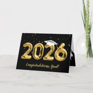 Graduation 2026 White Cap on Gold Balloon Card