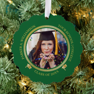 Graduation 2 Photo Green Gold Grad Cap Class Year Tree Decoration Card