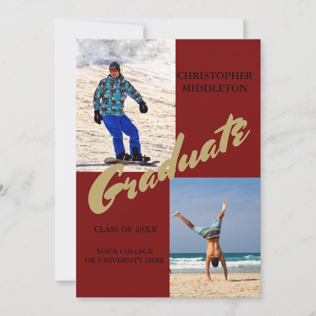 Graduation 2 Photo Male Modern Maroon Celebration Invitation (Front)