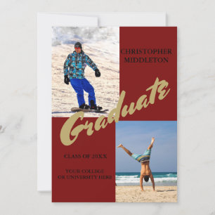Graduation 2 Photo Male Modern Maroon Celebration Invitation
