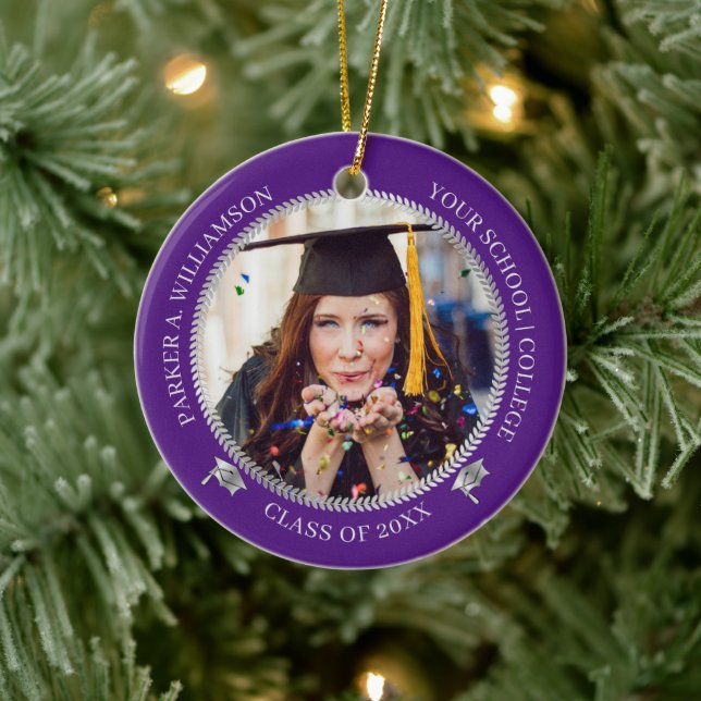 Graduation 2 Photo Purple Silver Grad Cap Year Ceramic Ornament (Tree)