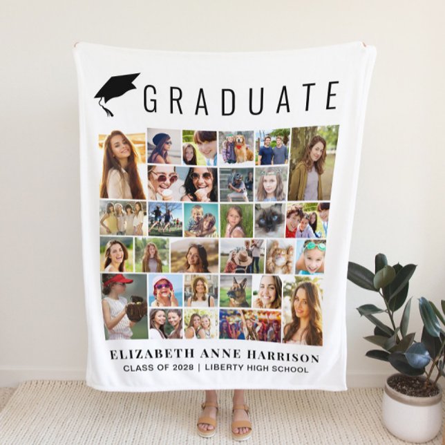 Graduation 30 Photo Collage White Fleece Blanket (Creator Uploaded)