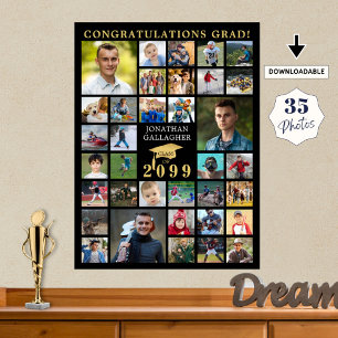 Graduation 35 Photo Collage Black Gold Cap Poster