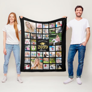 Graduation 35 Photo Collage CLASS YEAR Black Fleece Blanket
