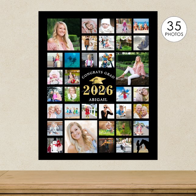 Graduation 35 Photo Collage CLASS YEAR Black Poster (Creator Uploaded)