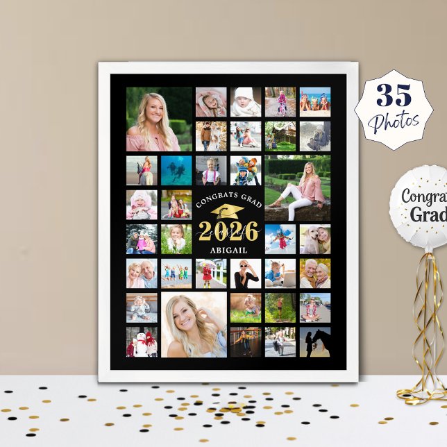 Graduation 35 Photo Collage CLASS YEAR Black Poster (Creator Uploaded)