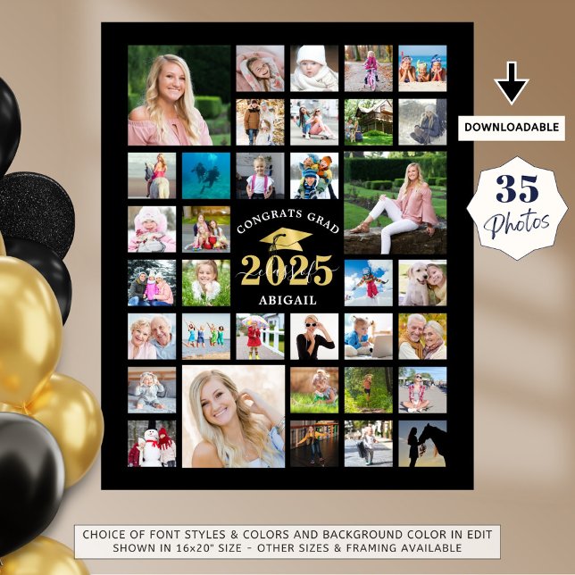 Graduation 35 Photo Collage CLASS YEAR Black Poster (Creator Uploaded)