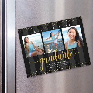 Graduation 3 Photo Black Gold Save the Date Modern Magnetic Invitation