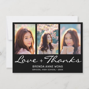 Graduation 3 Photo Collage Black White Script Thank You Card