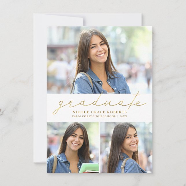 Graduation 3-Photo Collage Easy Edit Gold Script Announcement (Front)