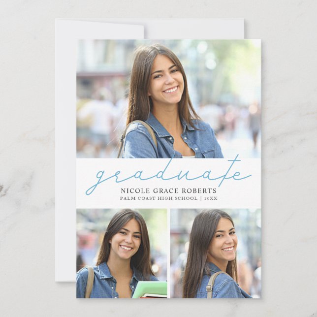 Graduation 3-Photo Collage Easy Edit Modern Script Announcement (Front)