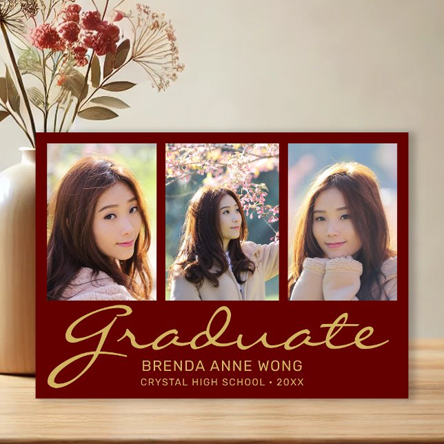 Graduation 3 Photo Collage Gold Script Maroon 2025 Announcement (Modern 3 Photo Maroon with Gold Script Graduation Announcement)