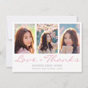 Graduation 3 Photo Collage Grey Blush Pink Script Thank You Card