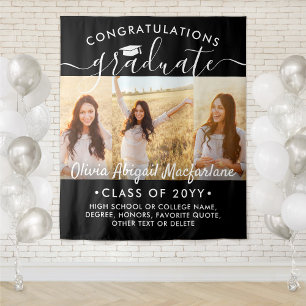 Graduation 3 Photo Collage Large Black Backdrop Tapestry