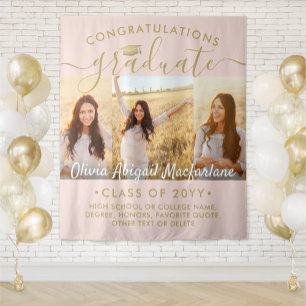 Graduation 3 Photo Collage Large Blush Pink & Gold Tapestry