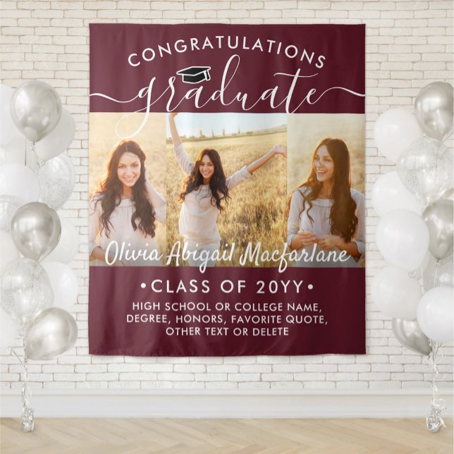 Graduation 3 Photo Collage Maroon & White Backdrop Tapestry (Creator Uploaded)