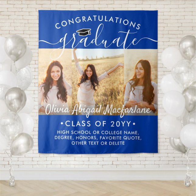 Graduation 3 Photo Collage Royal Blue Backdrop Tapestry (Creator Uploaded)