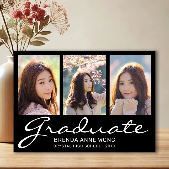 Graduation 3 Photo Collage White Script Black Announcement (Modern 3 Photo Black with White Script Graduation Announcement)
